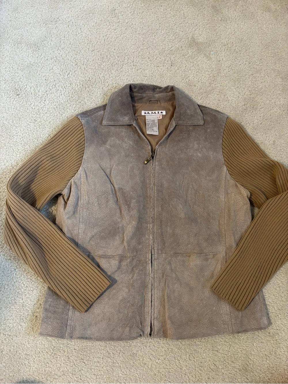 Ami Suede Leather Jacket with Ribbed Knit Sleeves